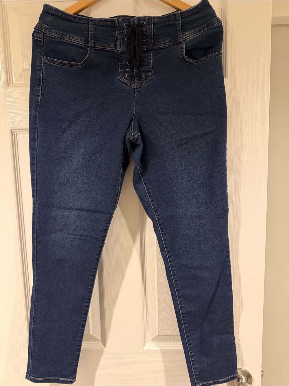INC Women’s Dark Blue Lace-Up High-Rise Skinny Jeans 12 pull on